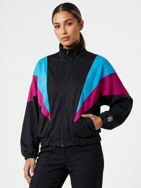 Vintage 80s Alpha Factor Spandex Aerobics Zip Up Jacket Black S/M